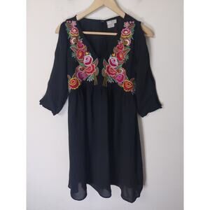 3/20 ASOS Black Floral Embroidered Slit Sleeve Cold Shoulder V-Neck Mini Dress 2